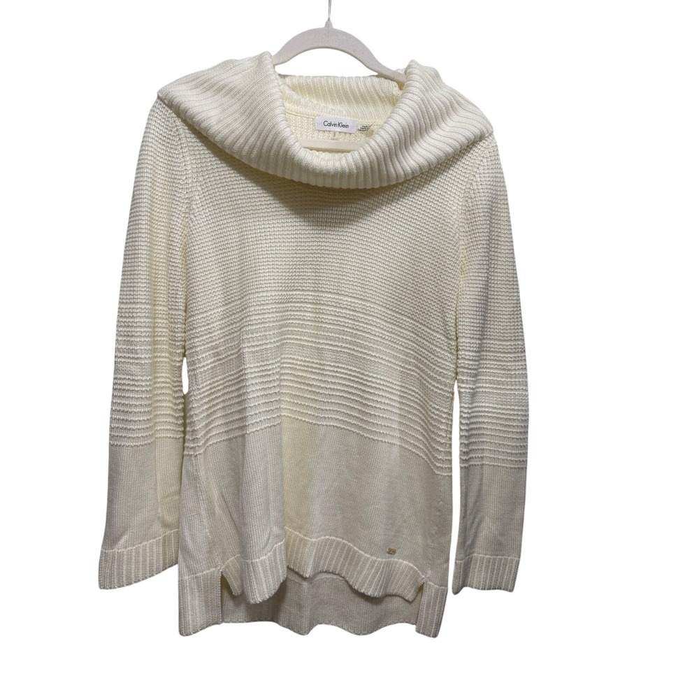 Calvin Klein Womens Cream White Cowl Neck Textured Knit Sweater Medium High‎ Low
